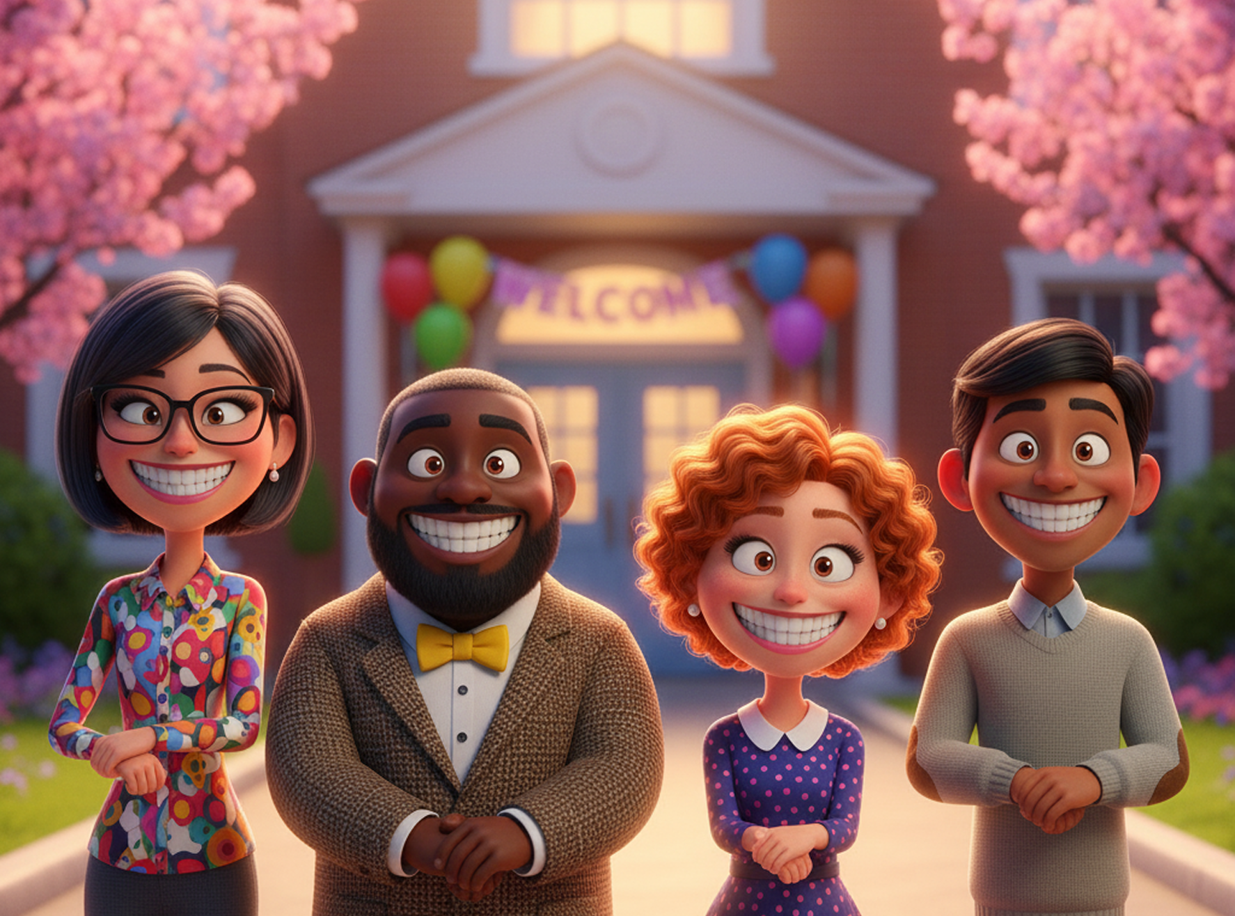 Animated group posing with bright smiles