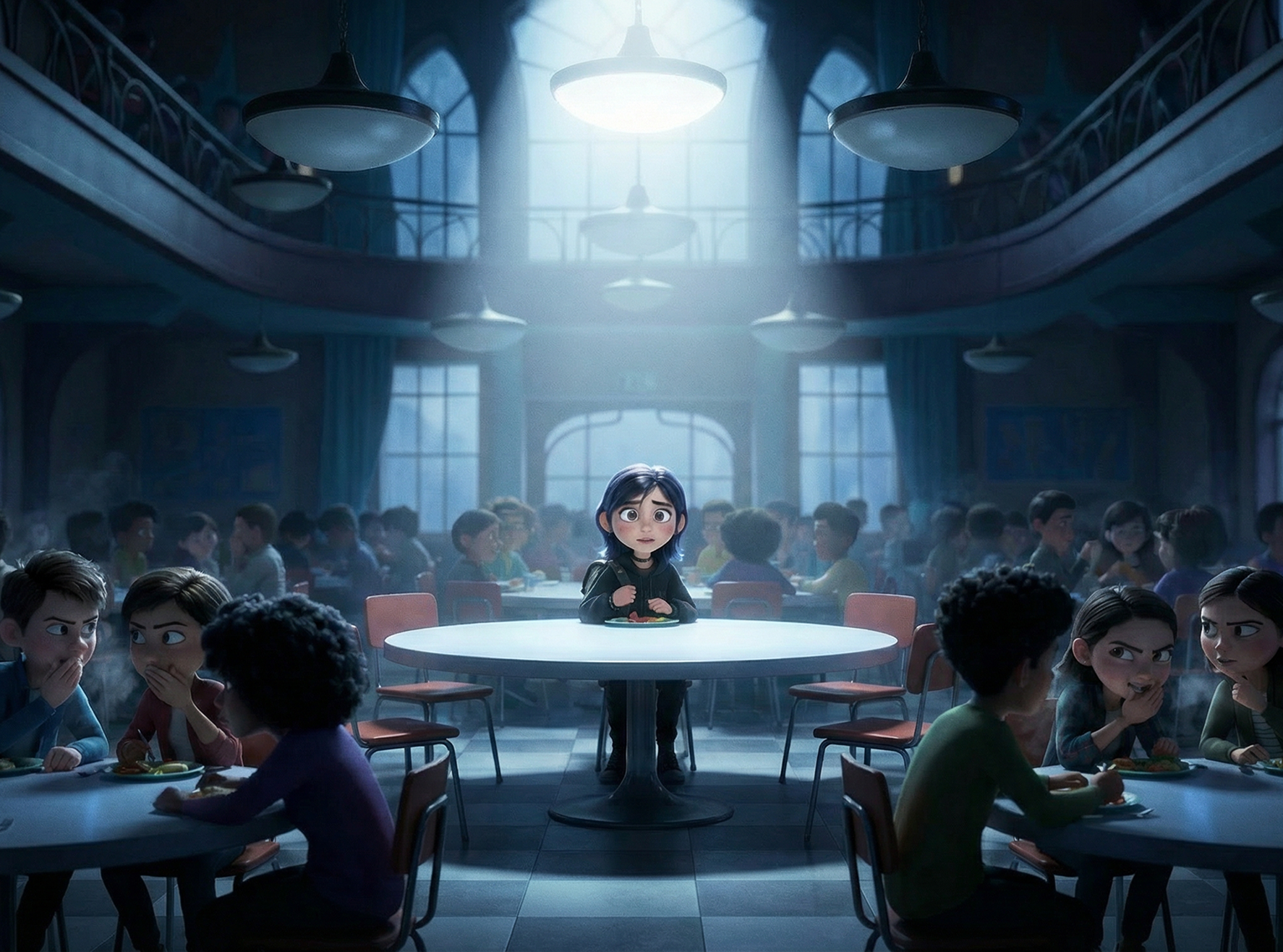 Moody cafeteria scene with lone girl